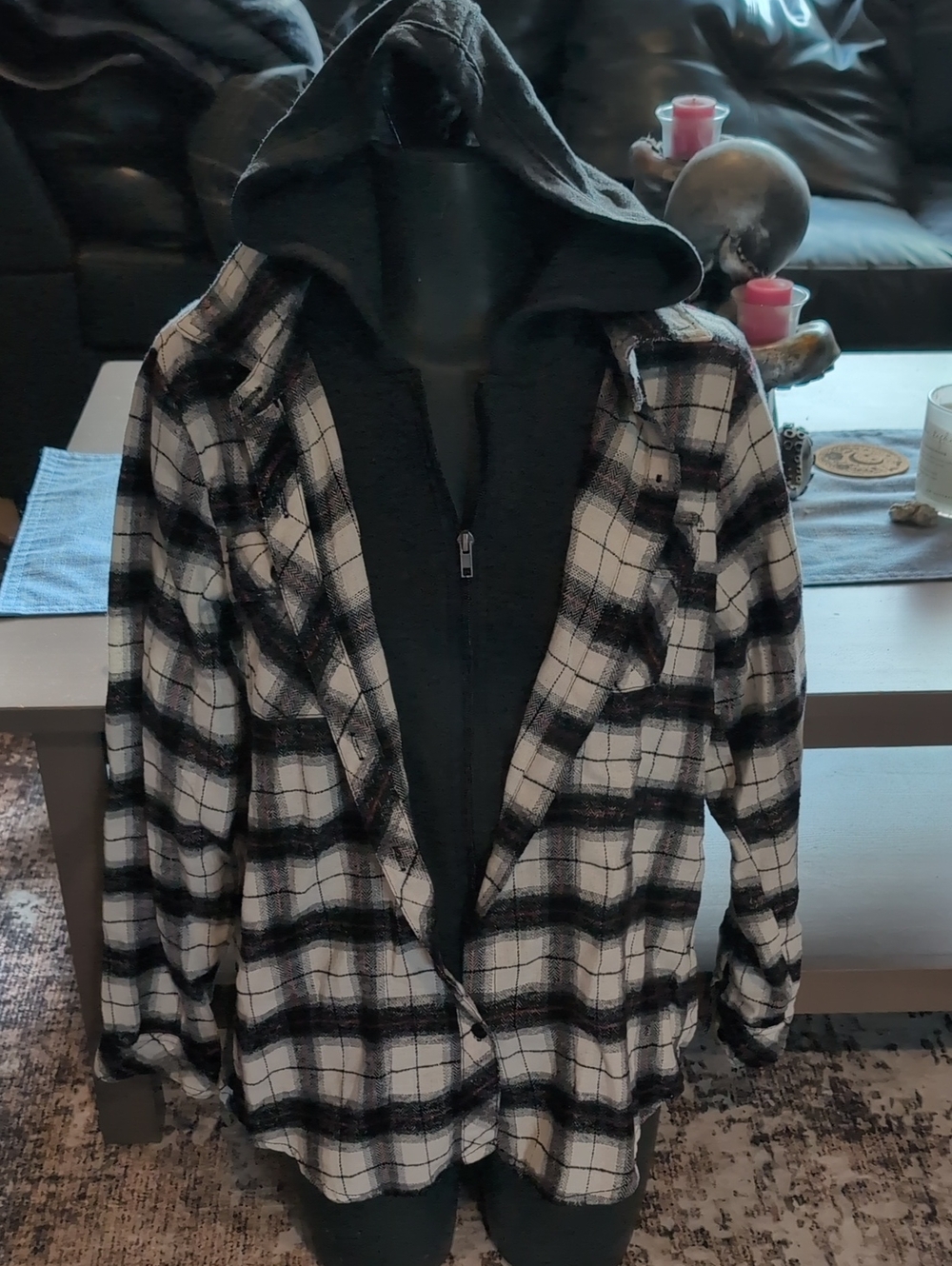 Ci Sono Black and White Double Layer  Plaid Hooded  Zip/ Button Up